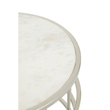 White Round Marble Top Side Table with Silver Open Frame Metal Base, Jaipur