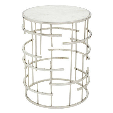 White Round Marble Top Side Table with Silver Open Frame Metal Base, Jaipur