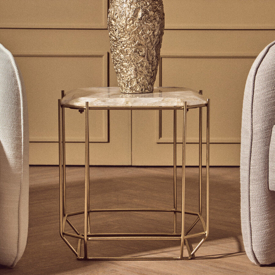 White Octagonal Stone Quartz Top Side Table with Warm Metallic Angular Base, Jaipur