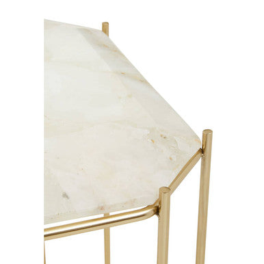 White Octagonal Stone Quartz Top Side Table with Warm Metallic Angular Base, Jaipur