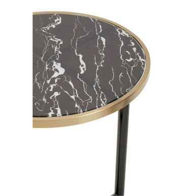 Black Marble Effect Glass Top Side Table with Gold Rim and Gold Feet, Oria