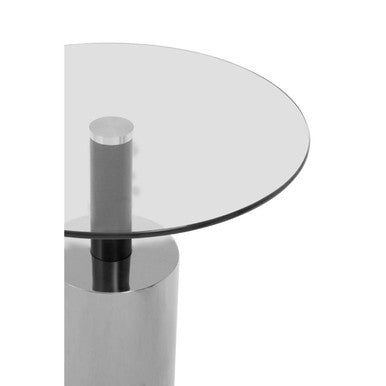 Clear Glass Top Side Table with Silver Steel Base and Black Column, Oria