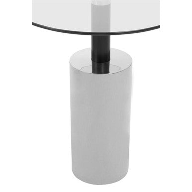 Clear Glass Top Side Table with Silver Steel Base and Black Column, Oria
