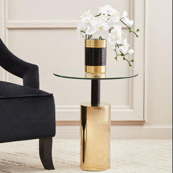Clear Glass Top Side Table with Gold Steel Base and Black Centre Support, Oria