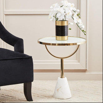 White Glass Top Side Table with Gold Metal Column and White Marble Base, Oria