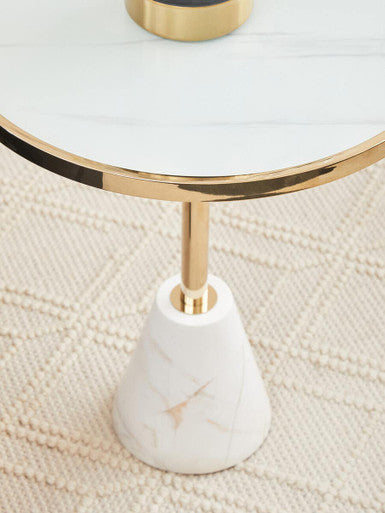 White Glass Top Side Table with Gold Metal Column and White Marble Base, Oria