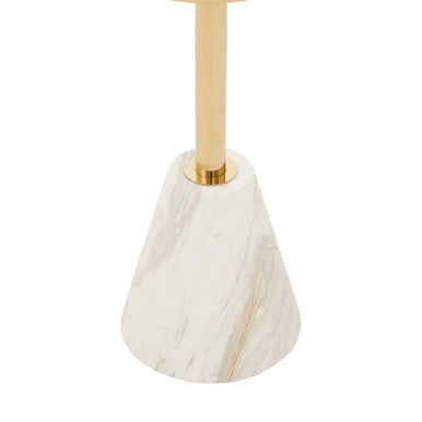 White Glass Top Side Table with Gold Metal Column and White Marble Base, Oria