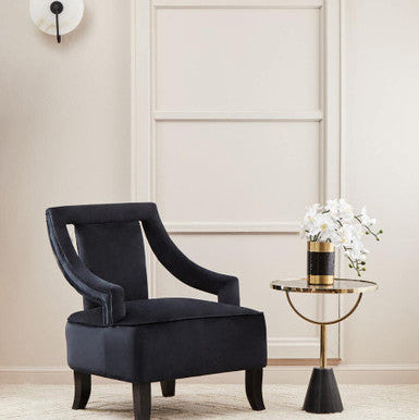 Black Glass Top Side Table with Gold Metal Column and Black Marble Base, Oria