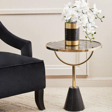 Black Glass Top Side Table with Gold Metal Column and Black Marble Base, Oria