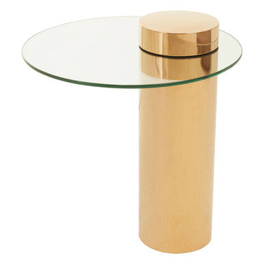 Clear Round Glass Side Table with Tall Rose Gold Standing Base, Oria
