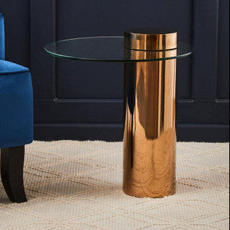 Clear Round Glass Side Table with Tall Rose Gold Standing Base, Oria