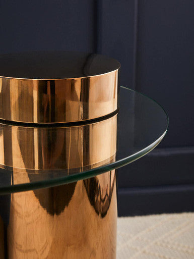 Clear Round Glass Side Table with Tall Rose Gold Standing Base, Oria