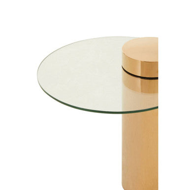 Clear Round Glass Side Table with Tall Rose Gold Standing Base, Oria