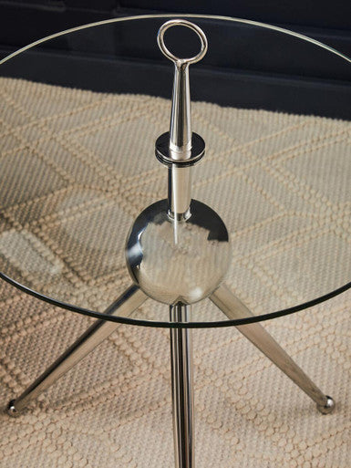 Clear Glass Top Side Table with Silver Stainless Steel Tripod Frame, Oria