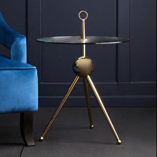 Clear Glass Top Side Table with Gold Tripod Metal Frame and Globe Detail, Oria