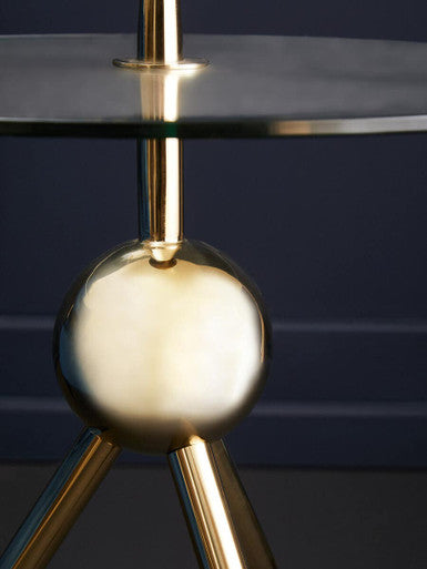 Clear Glass Top Side Table with Gold Tripod Metal Frame and Globe Detail, Oria