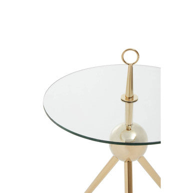 Clear Glass Top Side Table with Gold Tripod Metal Frame and Globe Detail, Oria