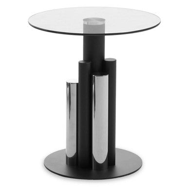 Clear Glass Top Side Table with Black and Silver Five Column Base, Oria