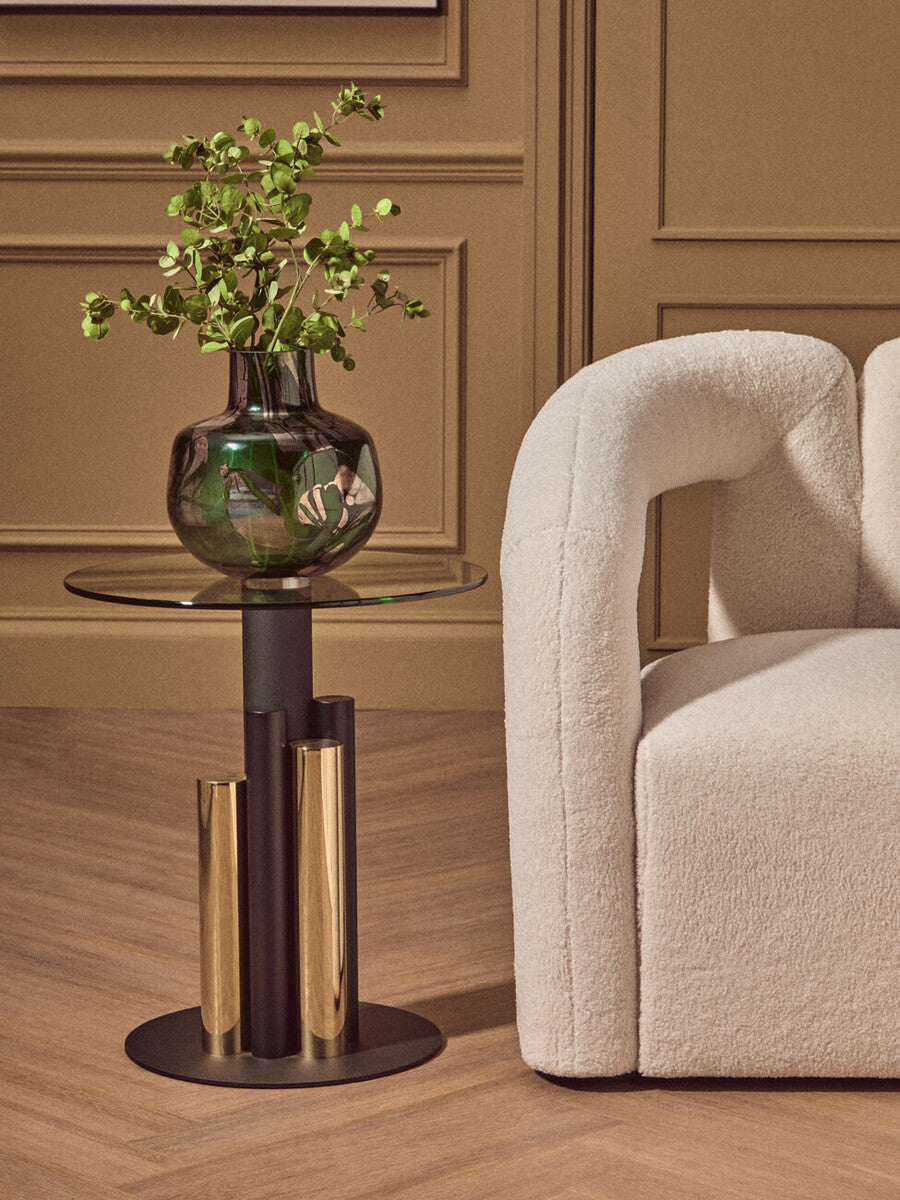 Clear Glass Top Side Table with Black and Gold Column Base, Oria