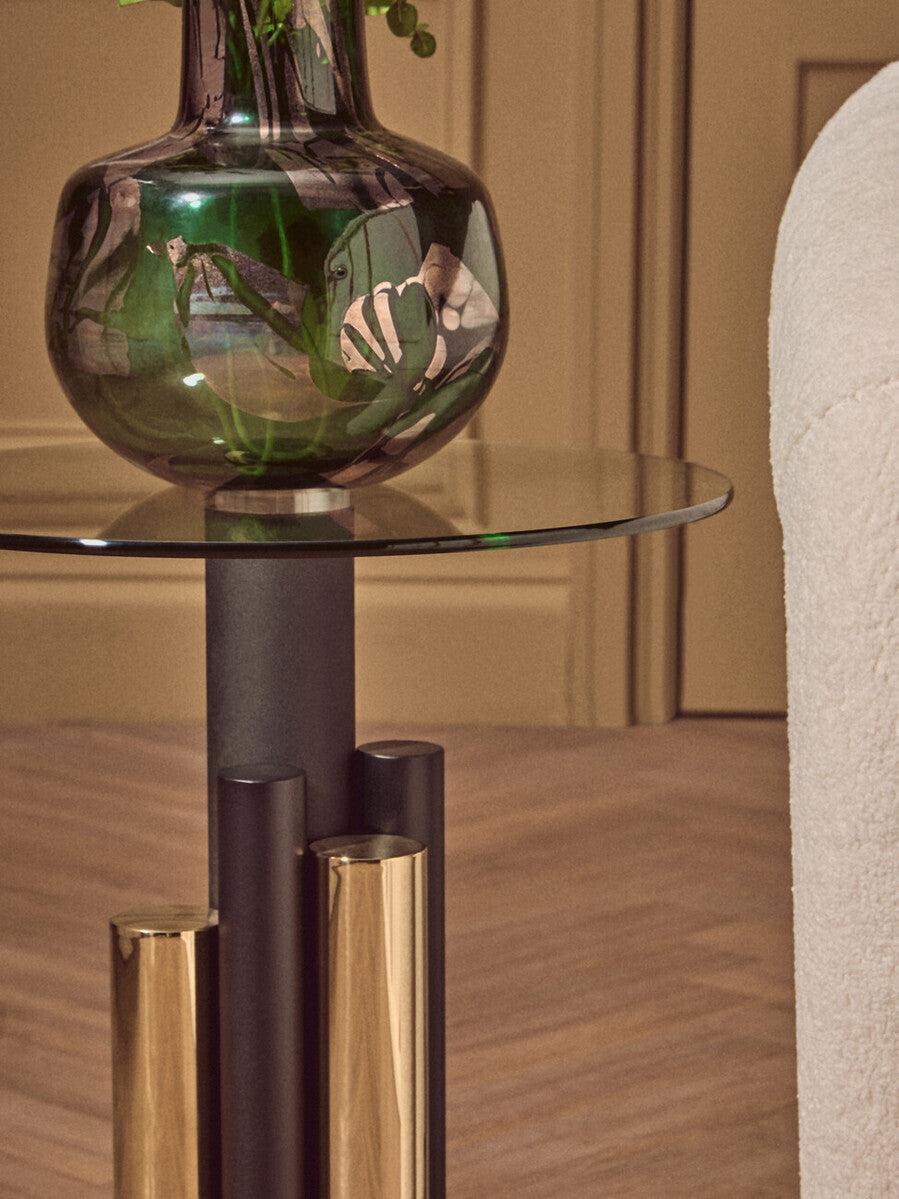 Clear Glass Top Side Table with Black and Gold Column Base, Oria