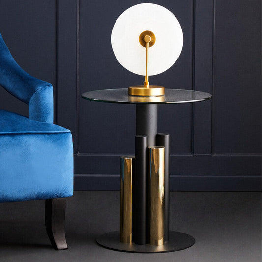 Clear Glass Top Side Table with Black and Gold Column Base, Oria