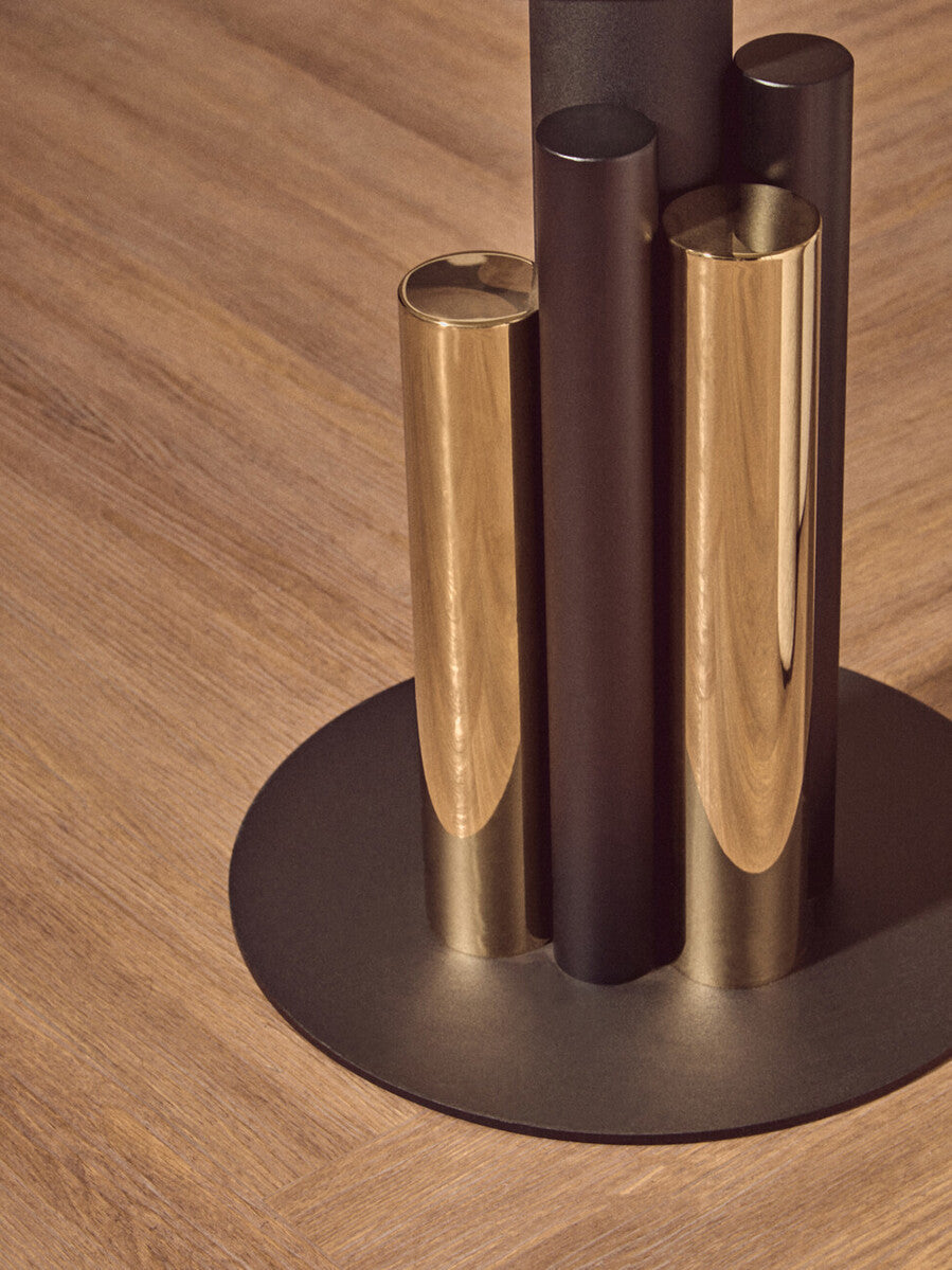 Clear Glass Top Side Table with Black and Gold Column Base, Oria