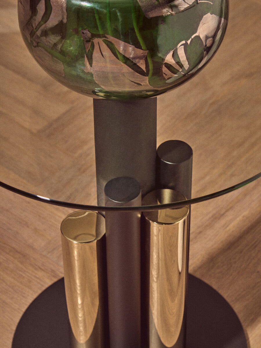 Clear Glass Top Side Table with Black and Gold Column Base, Oria