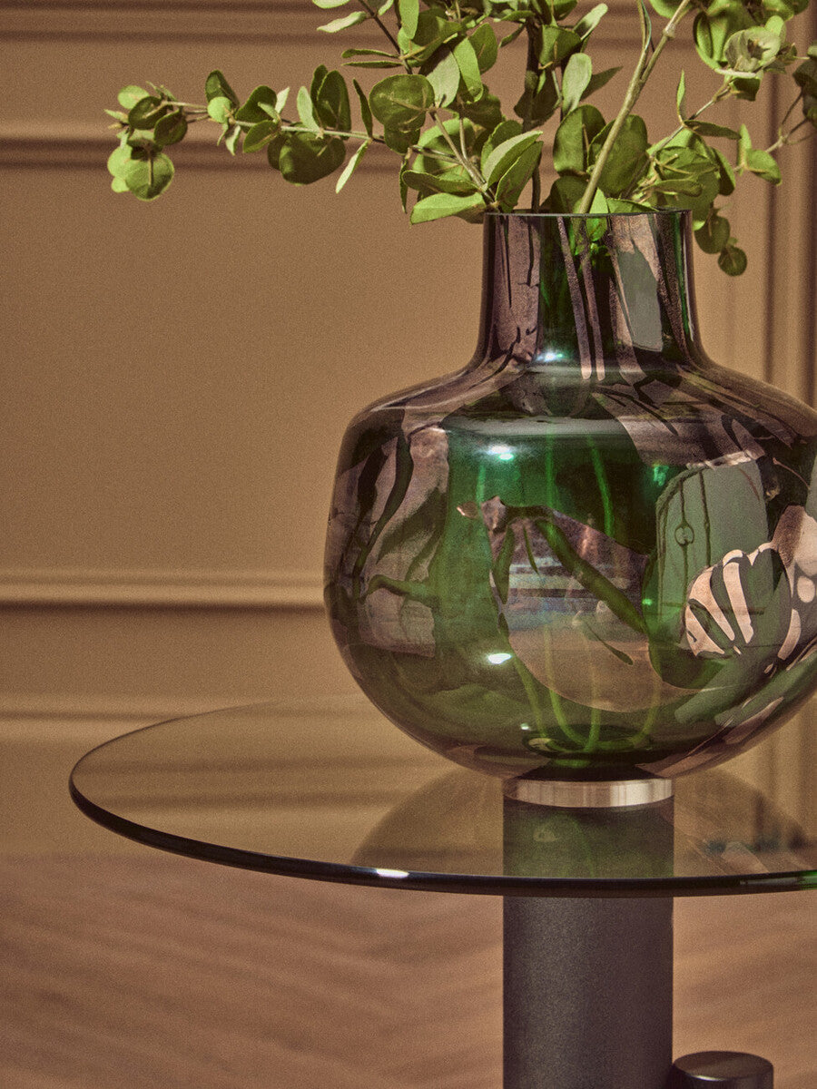 Clear Glass Top Side Table with Black and Gold Column Base, Oria
