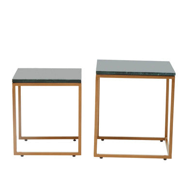 Nest of Two Green Marble Top Nesting Side Tables with Gold Finish Metal Frame, Varana