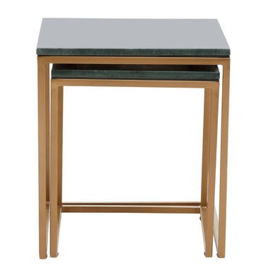 Nest of Two Green Marble Top Nesting Side Tables with Gold Finish Metal Frame, Varana