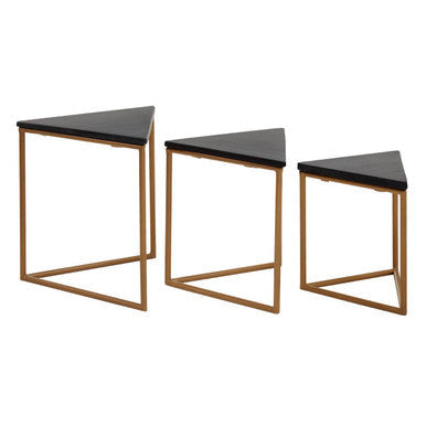 Set of 3 Black Marble Triangular Nesting Tables with Matte Gold Metal Frames, Varana