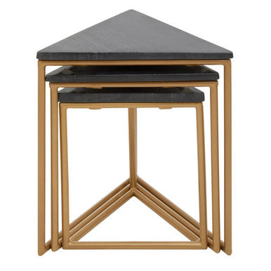 Set of 3 Black Marble Triangular Nesting Tables with Matte Gold Metal Frames, Varana