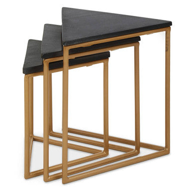Set of 3 Black Marble Triangular Nesting Tables with Matte Gold Metal Frames, Varana