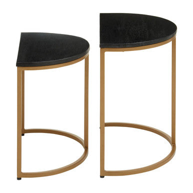 Nest of 2 Half Moon Black Marble Top Nesting Tables with Gold Finish Metal Bases, Varana