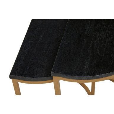 Nest of 2 Half Moon Black Marble Top Nesting Tables with Gold Finish Metal Bases, Varana