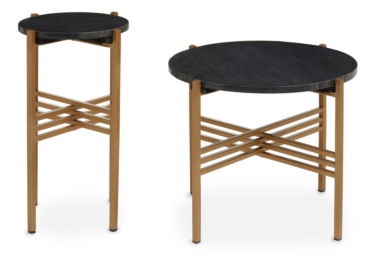 Varana Black Marble and Gold Finish Set of 2 Round Side Tables