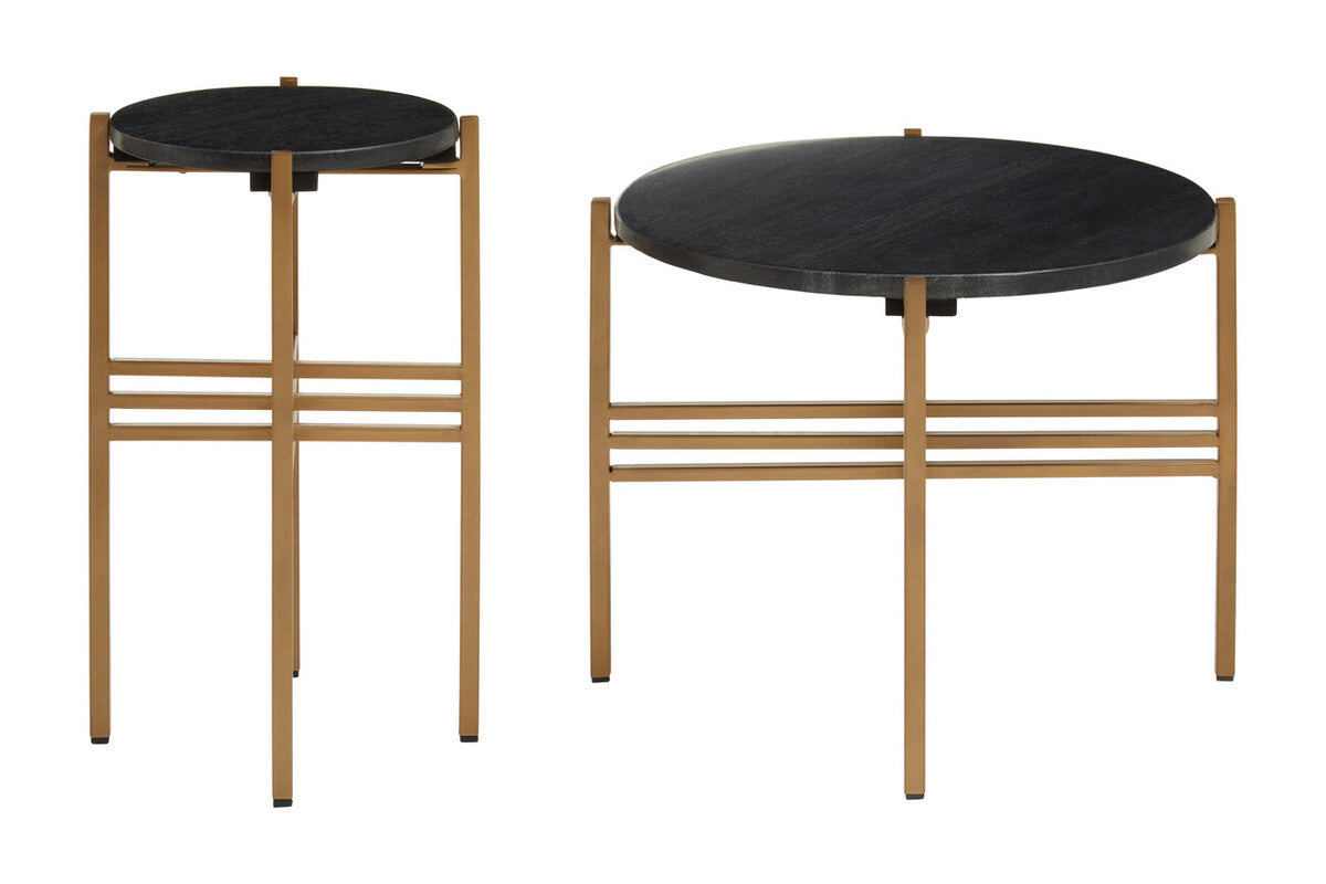 Varana Black Marble and Gold Finish Set of 2 Round Side Tables