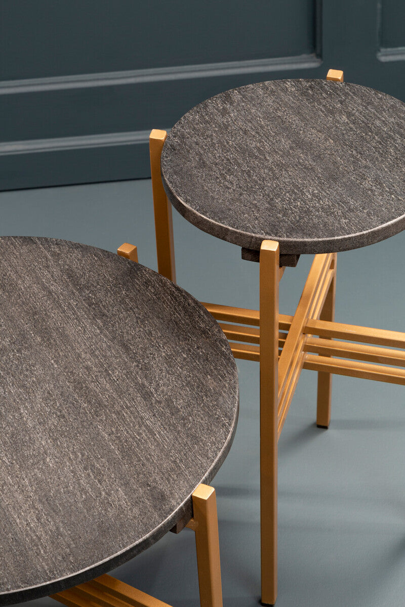 Set of 2 Black Round Marble Top Side Tables with Gold Finish Geometric Metal Bases, Varana