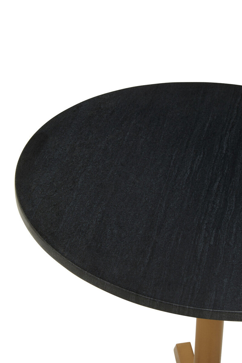 Set of 2 Black Round Marble Top Side Tables with Gold Finish Geometric Metal Bases, Varana