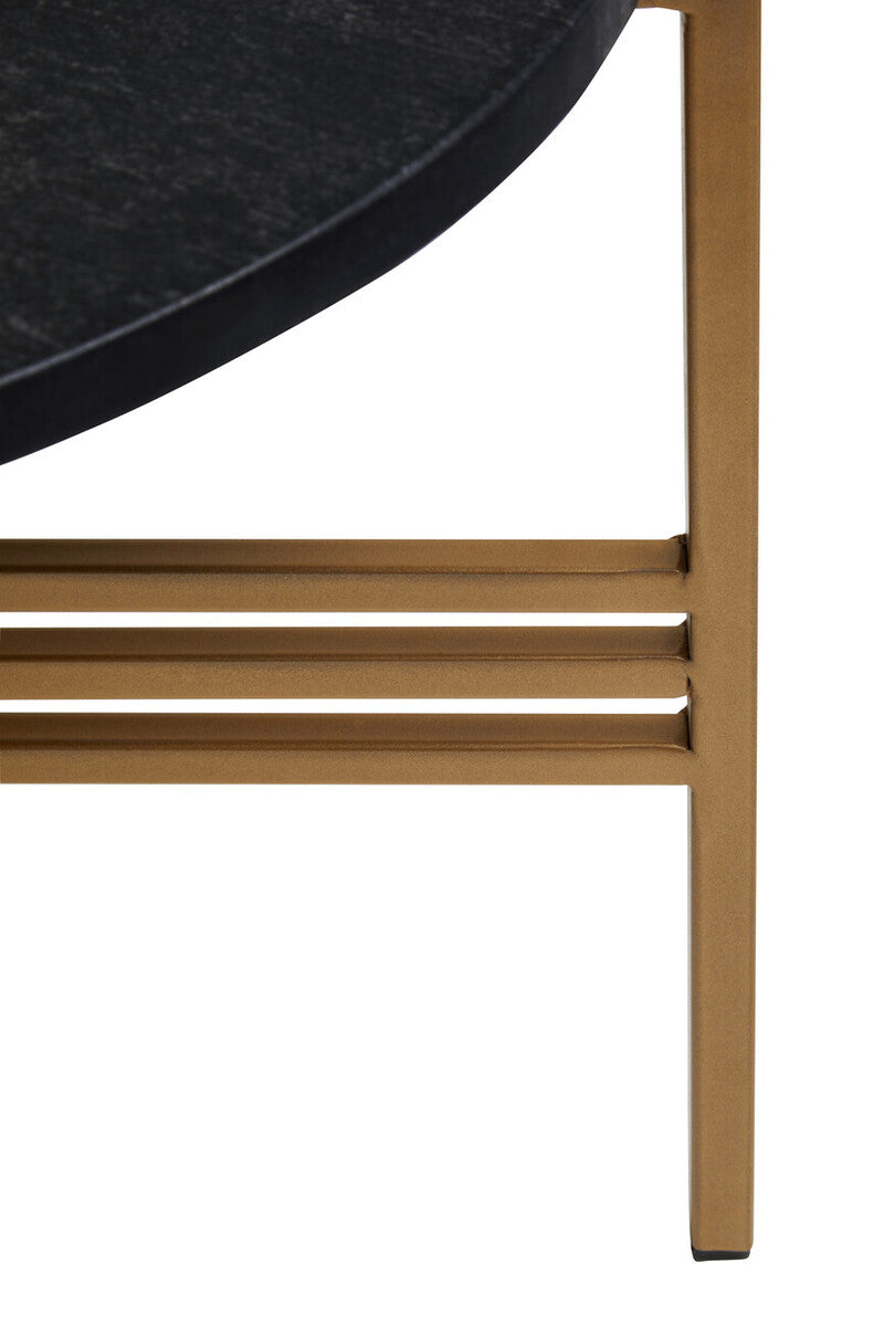 Set of 2 Black Round Marble Top Side Tables with Gold Finish Geometric Metal Bases, Varana
