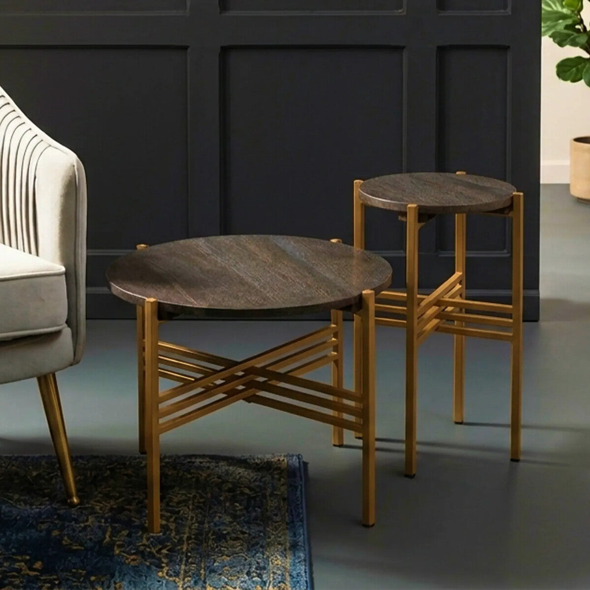 Varana Black Marble and Gold Finish Set of 2 Round Side Tables