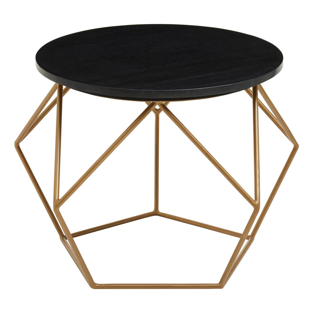 Black Round Marble Top Coffee Table with Matte Gold Finish Geometric Metal Frame, Varana