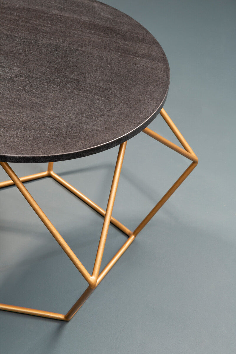 Black Round Marble Top Coffee Table with Matte Gold Finish Geometric Metal Frame, Varana