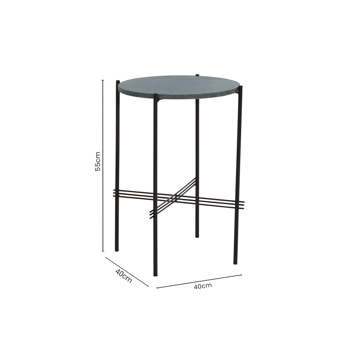 Green Marble Top Round Side Table with Black Iron Crisscross Base, Mandoli