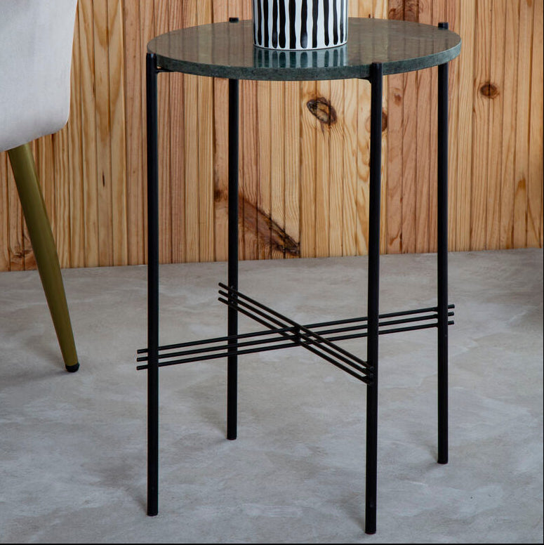 Green Marble Top Round Side Table with Black Iron Crisscross Base, Mandoli