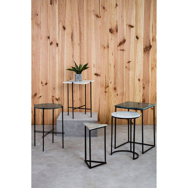 Green Marble Top Round Side Table with Black Iron Crisscross Base, Mandoli