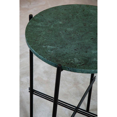 Green Marble Top Round Side Table with Black Iron Crisscross Base, Mandoli