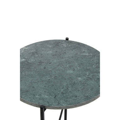 Green Marble Top Round Side Table with Black Iron Crisscross Base, Mandoli