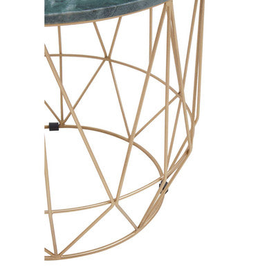 Green Marble Round Top Side Table with Sleek Cage Style Gold Metal Frame, Mandoli