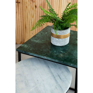 Marble Top Nest of 3 Tables with Black Metal Bases in Assorted Tones and Shapes, Mandoli